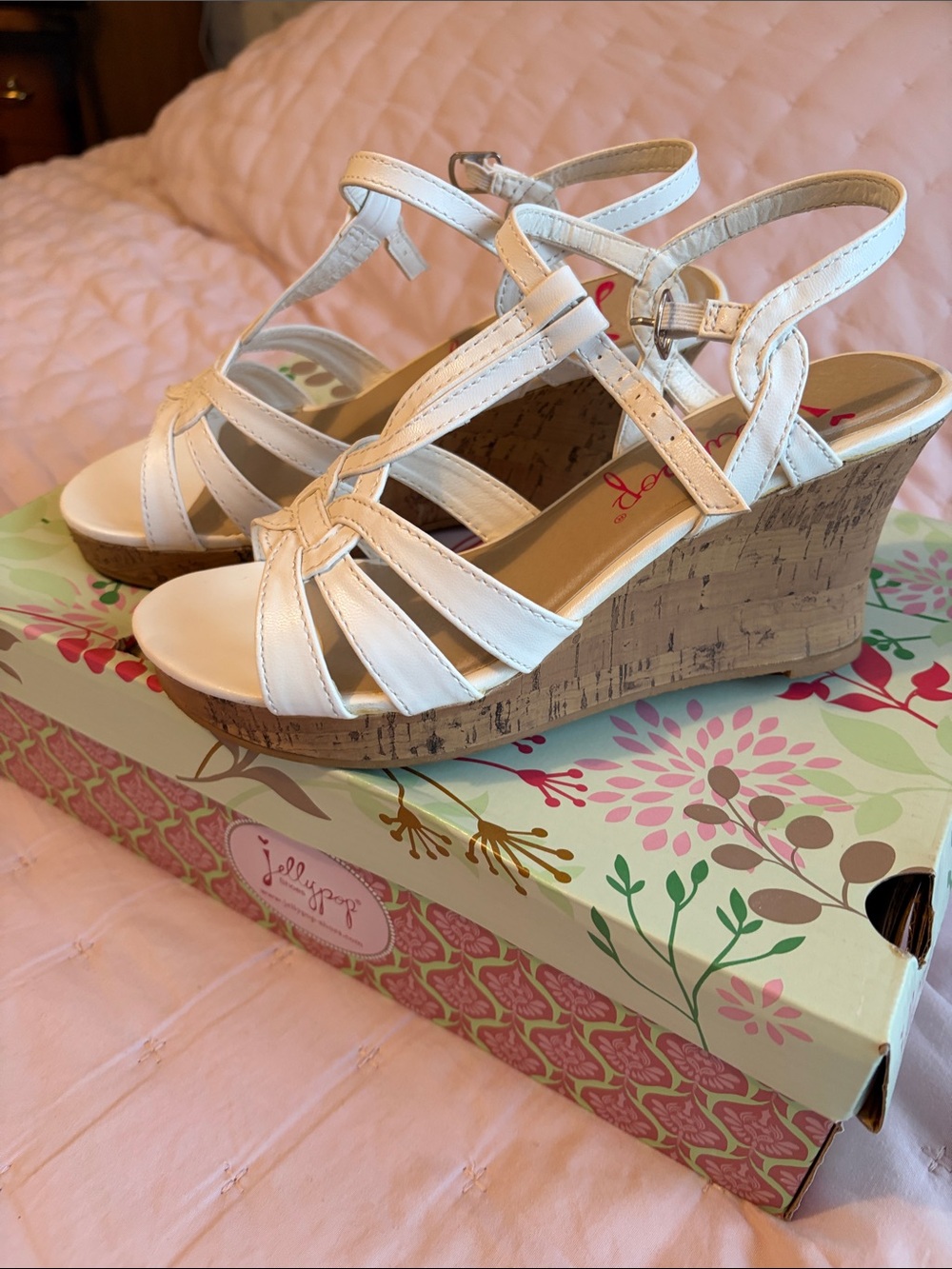 Jellypop White Strappy Cork-Effect Wedge Sandals